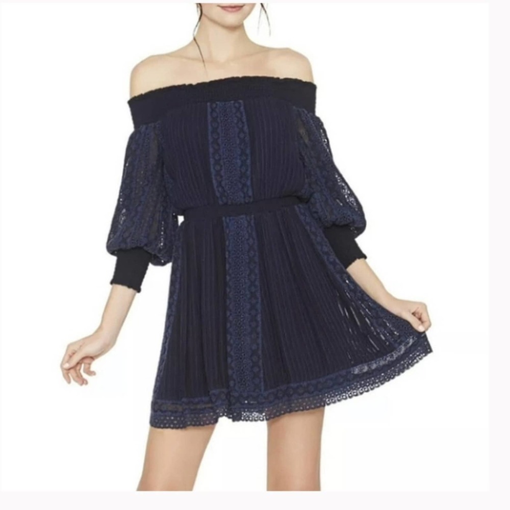 Alice + Olivia Pammy Eyelet Off The Shoulder Navy Dress 6